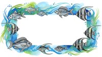 Watercolor marine life frame with tropical fish, sea waves and aquatic plants creating decorative border for ocean themed designs and underwater projects.
