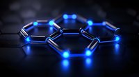 Glowing blue hexagonal molecular structure on dark background with neon light effect, representing scientific research, nanotechnology and innovation.