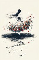 Artistic silhouette of woman with flowing hair dancing above swirling brushstrokes, surrounded by colorful floral elements on cream background.