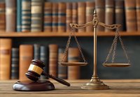Wooden judge gavel and brass scales of justice on desk with law library background, representing legal system, court proceedings and jurisprudence.