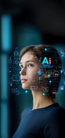 Profile view of woman with futuristic AI interface digital overlay projecting from her head, representing artificial intelligence technology in modern society.
