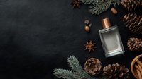 Luxury perfume bottle with pine cones, fir branches, star anise and nuts on dark background. Winter fragrance concept.