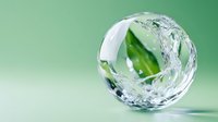 Crystal clear water sphere with fresh green leaf inside on gradient background for eco-friendly wellness and natural purity concepts in advertising design.