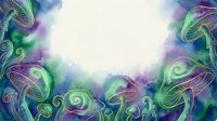 Glowing neon mushrooms with swirling patterns and vibrant purple, green, and blue colors create a mystical forest border on white background, suitable for fantasy designs.
