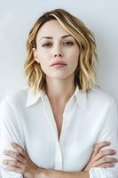 Confident woman with blonde wavy bob haircut wearing white button-up shirt against neutral background, arms crossed.