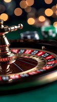 Casino roulette wheel close-up with golden bokeh lights in background, showing detailed numbers and metallic spinner on green felt table surface.