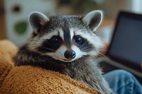 Curious raccoon resting on brown fabric indoors with laptop in background. Domestic wildlife pet animal portrait for home and nature content.