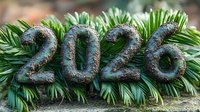 Numbers 2026 decorated with green fir branches and glitter on rustic wooden background, festive winter holiday season celebration concept.