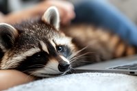Close-up portrait of young raccoon resting on soft surface, showing distinctive facial mask and fur markings in natural lighting with shallow depth of field.