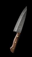 Damascus steel chef knife with wood handle and brass rivets, isolated on transparent background. Great for kitchen, culinary, and cooking clipart, stickers, t-shirt design, print on demand.