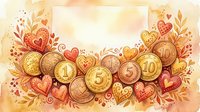 Golden coins with heart decorations and floral elements on warm background. Money symbols with romantic ornamental design for Valentine's Day themes.