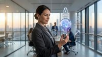 Professional businesswoman using smartphone with digital security icons in modern office environment for cybersecurity and data protection concepts.