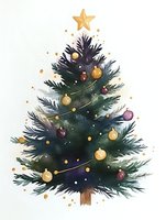Watercolor Christmas tree decorated with golden star, purple and gold ornaments, garlands and magical sparkles on white background. Festive winter holiday art.
