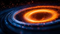 Glowing orange and blue spiral of light particles creating dynamic swirl effect against dark background, cosmic energy visualization for technology designs.