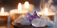 Healing crystals and burning candles create spiritual atmosphere with amethyst, clear quartz, and white stones in soft candlelight glow for meditation practice.