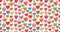 Colorful hand-drawn hearts seamless pattern with wings, arrows, and doodle details on white, tiles into a single background for Valentine's Day.