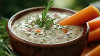 Creamy herb dip garnished with fresh rosemary in rustic brown bowl, served with raw carrot sticks against green background, macro food photography.