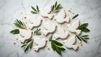 White dove-shaped cookies decorated with green herbs on marble surface for peace celebrations and religious holidays.