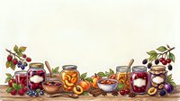 Homemade fruit preserves, jams and compotes in glass jars with fresh berries and stone fruits arranged on wooden surface for canning and food preservation projects.