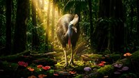 Majestic stork standing on moss-covered log in enchanted forest with golden sunlight streaming through trees and colorful mushrooms scattered on ground.