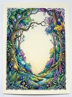 Watercolor enchanted forest frame with glowing arch, mushrooms, ferns, and colorful flowers, perfect for greeting cards and invitations.