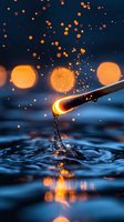 Burning match touching water surface creating splash with orange bokeh lights in background, dramatic contrast between fire and liquid, macro photography.