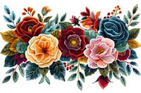 Vibrant floral arrangement with roses in orange, burgundy, pink and teal, adorned with berries and leaves on white background, isolated for creative projects.