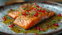 Grilled salmon fillet with pomegranate seeds, fresh herbs and olive oil dressing on ceramic plate. Healthy Mediterranean cuisine preparation.