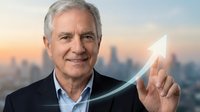Mature businessman with gray hair and light skin tone wearing dark blazer and light blue shirt holds glowing upward arrow graph against urban skyline at sunset, representing business growth and financial success.