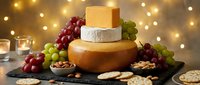 Gourmet cheese platter with assorted artisanal cheeses, fresh grapes, nuts and crackers on dark slate board with warm bokeh lights background for entertaining.