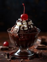 Chocolate ice cream sundae with cherry topping and white chocolate chunks in glass bowl on dark background for dessert menu and food photography.