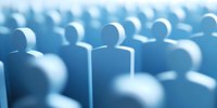 Rows of blue silhouetted figures represent community, teamwork and social connection concepts. Abstract background shows unity and leadership in business.