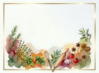 Watercolor cooking frame with fresh vegetables, herbs, kitchen utensils and spices arranged on cream background. Isolated design element for culinary, recipe and food blog projects.