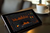 Digital tablet displaying financial analytics dashboard with orange graphs and charts on dark interface, coffee cup in background on wooden desk surface.