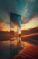 Surreal desert landscape with mirror portals reflecting dramatic sunset sky and silhouetted figure standing between reflective surfaces on sand dunes.