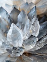 Clear quartz crystal cluster with sharp geometric formations in cool blue and gray tones, showcasing natural mineral growth patterns and light reflections.
