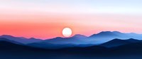 Tranquil mountain landscape at sunset with layered silhouettes of peaks against pink and blue gradient sky, full moon rising above horizon creates serene atmosphere.