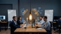 Glowing Edison bulb with digital innovation icons above a diverse team working in a modern office at night, symbolizing creativity.