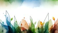 Watercolor botanical border with colorful translucent leaves in green blue orange tones on white background for nature design projects.