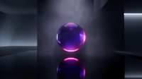 Glowing purple sphere with neon light effect floating in dark modern interior space, reflecting on surface for futuristic design and technology concepts.
