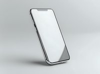 Modern smartphone with blank white screen floating on light gray background, isolated mockup for app and web design presentations.