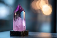 Purple amethyst crystal point on dark marble base with soft bokeh lights background for meditation, healing, spiritual wellness and home decor.