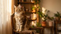 Fluffy long-haired tabby cat sitting on a wooden armchair in a cozy sunlit living room with bookshelves and plants.