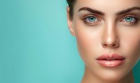 Close-up portrait of woman with striking blue eyes and glossy lips against turquoise background, showcasing professional makeup for beauty advertising.