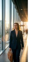 Professional businesswoman in navy suit walking through modern office corridor with briefcase during golden hour sunset light.