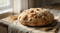Freshly baked artisan bread loaf on rustic wooden cutting board in warm kitchen setting with natural window light for food photography and culinary content.
