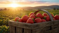 Fresh ripe strawberries in wooden basket at sunrise over farm field. Organic fruit harvest concept for healthy eating and agriculture marketing.