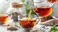 Pouring hot aromatic black tea from glass teapot into transparent cup surrounded by scattered tea leaves, fresh mint and ceramic accessories on light surface.