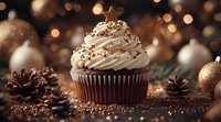 Chocolate cupcake with vanilla frosting and star anise garnish against festive holiday background with pine cones, gold ornaments and bokeh lights.