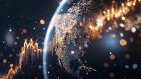 Glowing digital Earth map with golden light particles and network connections showing North America continent against dark space background with bokeh effects.